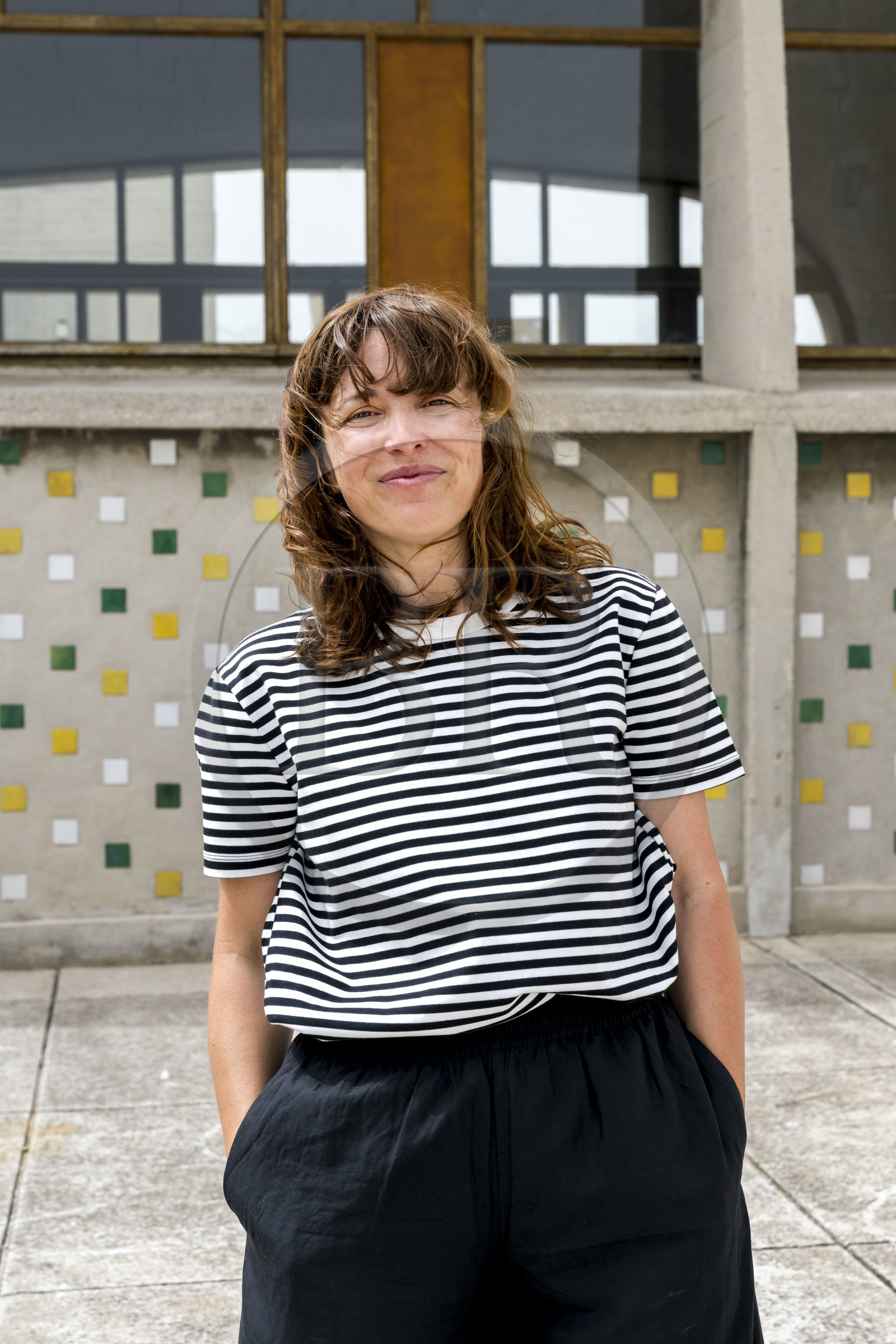 France, Bouches du Rhone, Marseille, architectural work of Le Corbusier, listed as World heritage by UNESCO, the Cité Radieuse by the architect Le Corbusier, Laura Serra Forest, co-founder of Kolektiv, on the rooftop terrace
