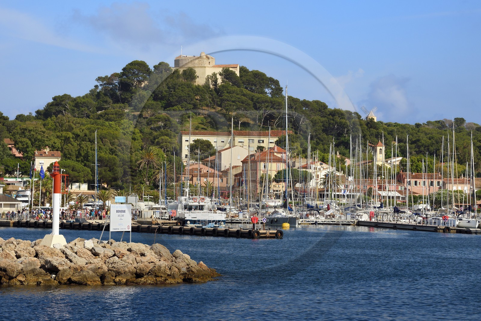 France, Var (83), Iles d'Hyères, parc national de Port Cros, Ile de Porquerolles, le port de Porquerolles dominé par le Fort Sainte-Agathe