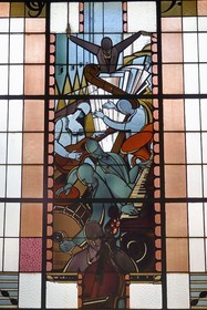 France, Allier (03), Vichy, the former Petit Casino and current Valery-Larbaud Cultural Center, Art Deco stained glass window by master glassmaker Francis Chigot representing Music