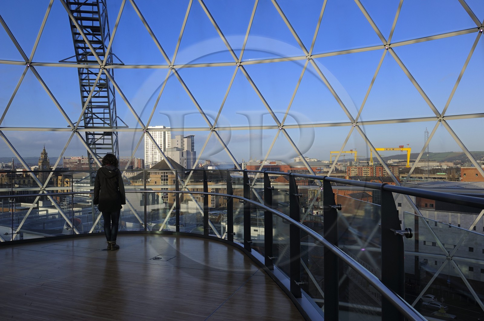 United Kingdom, Northern Ireland, Belfast, the Victoria Square commercial center glass dome measuring 35m in diameter gives a large view over the city