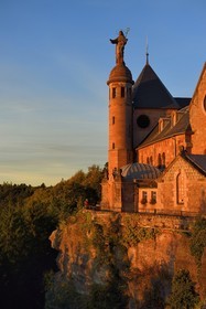 France, Bas Rhin, Mont Saint Odile, Mont Sainte-Odile Abbey also known as Hohenburg Abbey, statue of Saint Odile placed on the roof of the convent and facing the plain of Alsace