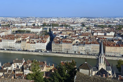 France, Rhone, Lyon, historical site listed as World Heritage by UNESCO, Vieux Lyon (Old Town), the Saint Georges church and the Saint George district, the Saone River and the place Bellecour in the district of La Presqu'Ile in the background