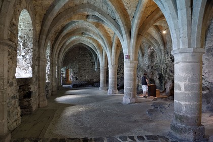Suisse, Canton de Vaud, Veytaux, chateau Chillon sur les rives du lac Léman, les souterrains du château soutenues par de voûtes gothiques et dans lesquels le rocher est visible ont été utilisés comme prison puis comme lieu de stockage