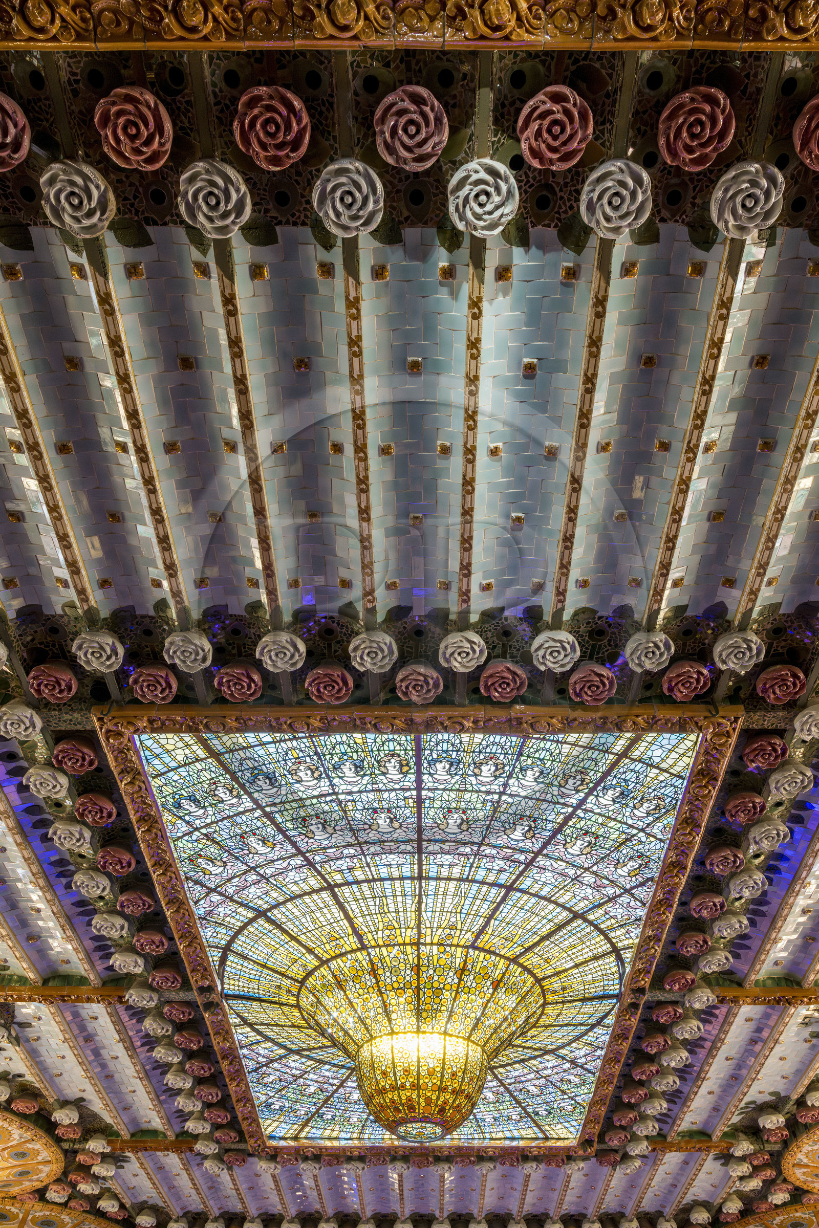 Spain, Catalonia, Barcelona, Palau de la Musica Catalana (Catalan Music Palace), concert hall designed by the architect of Catalan modernism Lluis Domènech i Montaner, a UNESCO World Heritage Site, large glass roof, stained glass dome work of Antoni Rigalt i Blanch