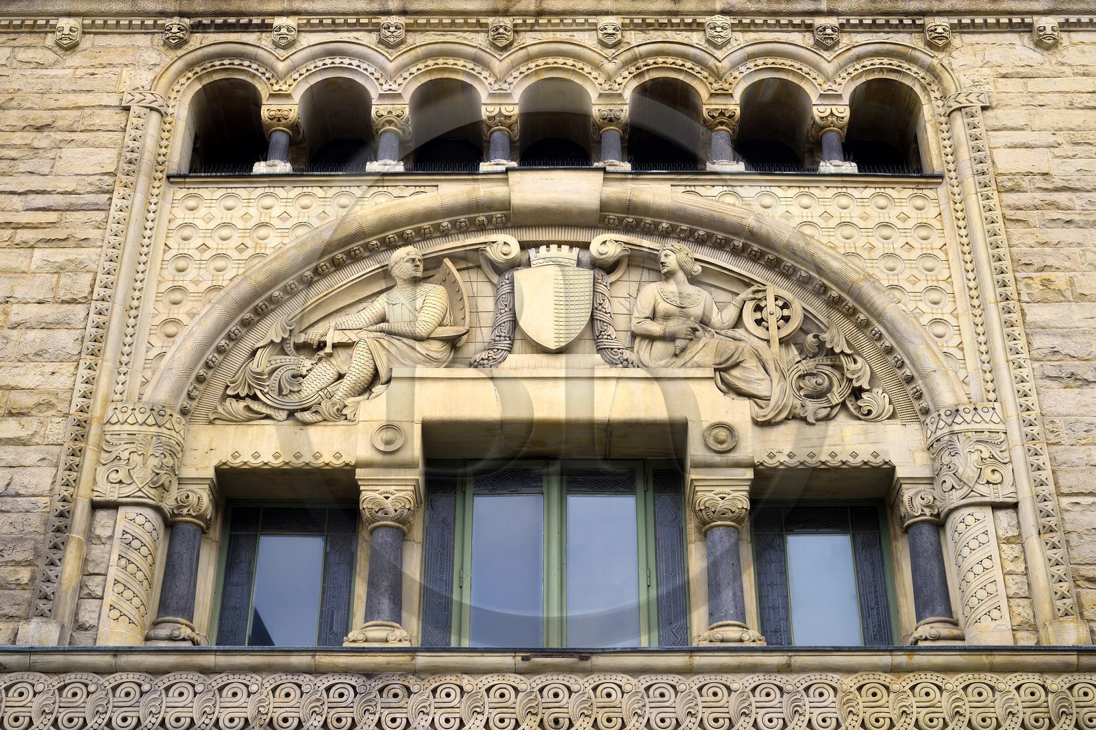 France, Moselle, Metz, Imperial district, railway station, built between 1905 and 1908 by the Berliner architect Jurgen Kruger, friezes with Celtic motifs around the Charlemagne Lounge windows
