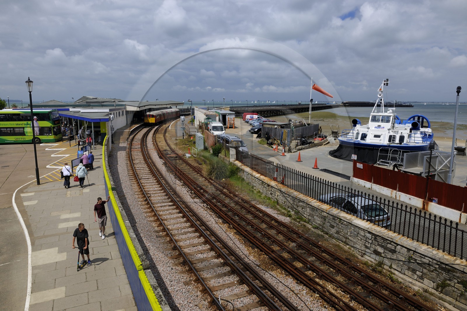 United Kingdom, England, Hampshire, Isle of Wight, Ryde, ferries from Southsea Portsmouth to Ryde with the hovercraft (air-cushion vehicle, ACV) from Hover Travel and the railway station