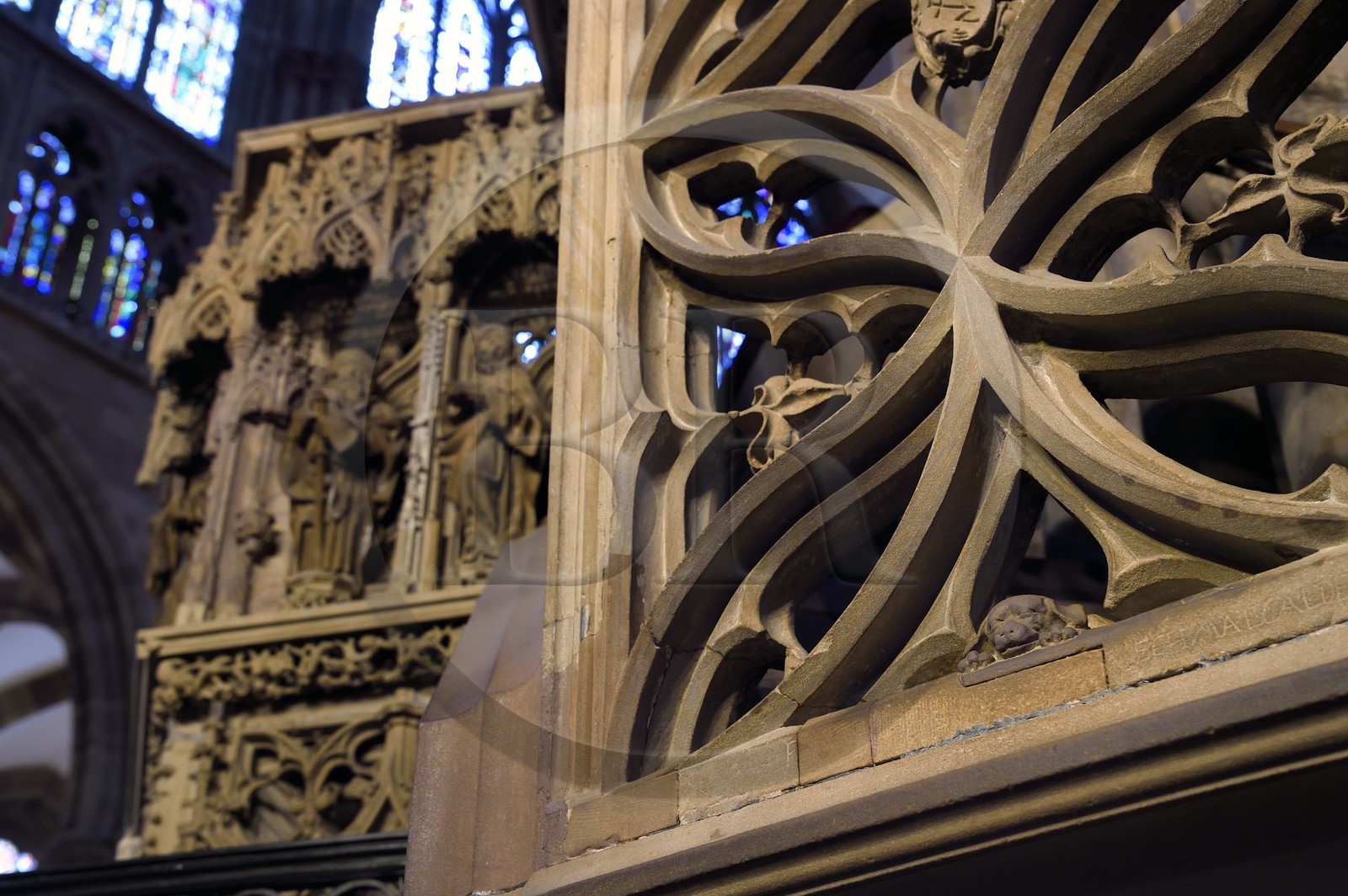 France, Bas-Rhin (67), Strasbourg, vieille ville classée au Patrimoine Mondial de l'UNESCO, la cathédrale Notre-Dame, la chaire du grand prédicateur Geiler de Kaysersberg réalisée par le sculpteur Hans Hammer en 1485, sculpture du « petit chien de Geiler » peut être une allusion au prédicateur dominicain (domini canis soit le chien du Seigneur) et à la fidélité
