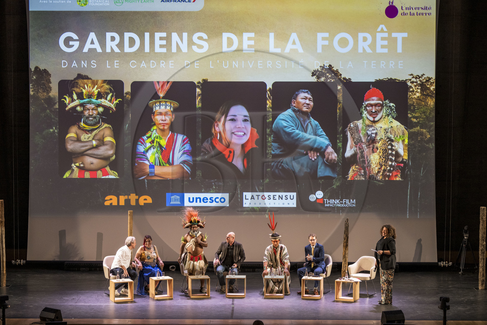 France, Paris, UNESCO Headquarters, conference at Earth University on November 25, 2022, Twyla Edgi Masuzumi, Mundiya Kepanga and Benki Piyako (three indigenous leaders representing primary forests)