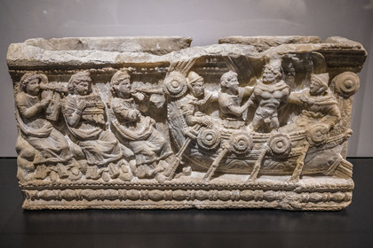 France, Gard, Nimes, Romanity museum (Musée de la Romanite), Etruscan cinerary urn in alabaster representing Ulysses and the sirens (Volterra 2nd century BC)(temporary exhibition)