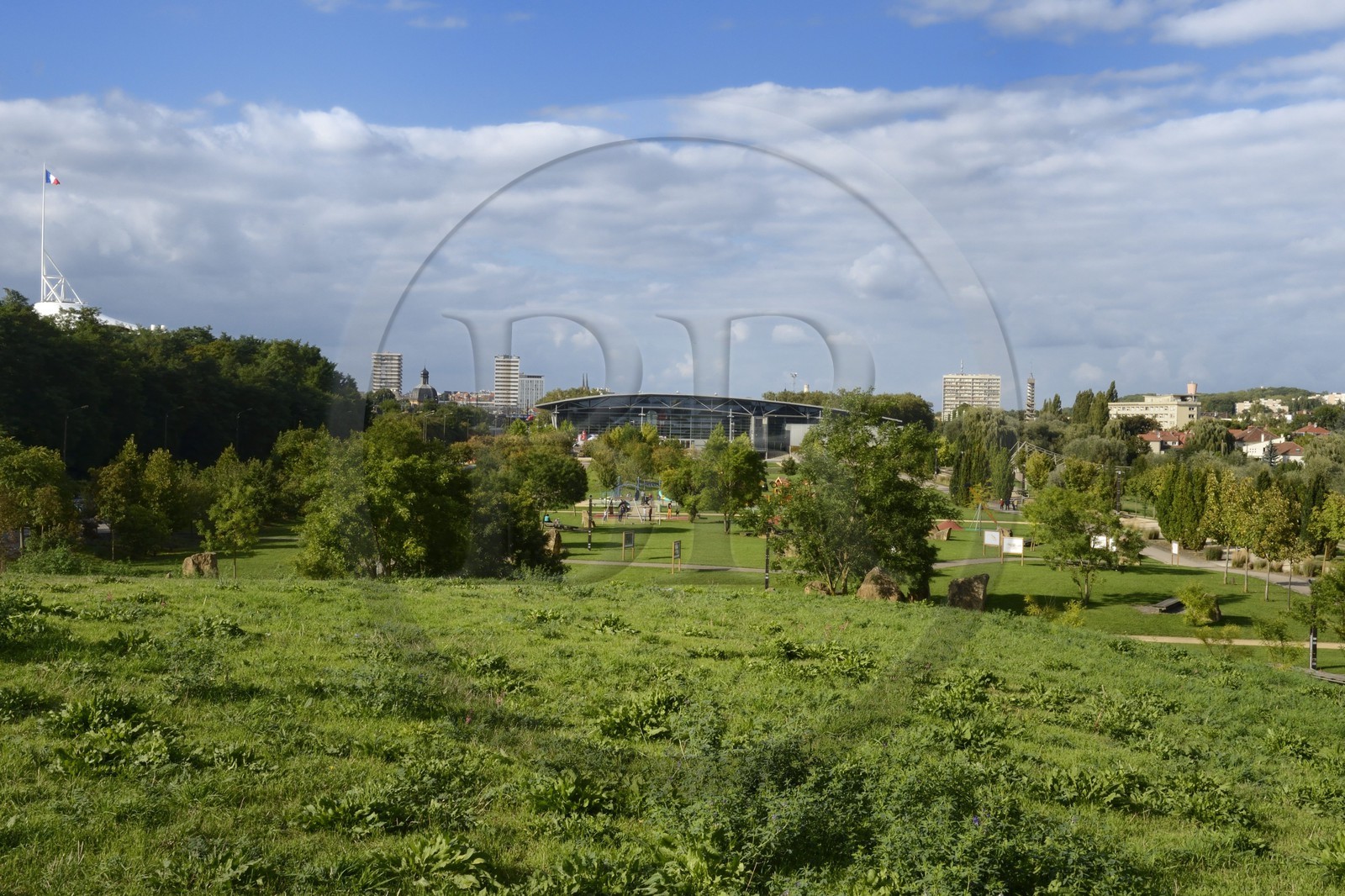 France, Moselle, Metz, Parc de la Seille and the Palais Omnisports Arena in the background
