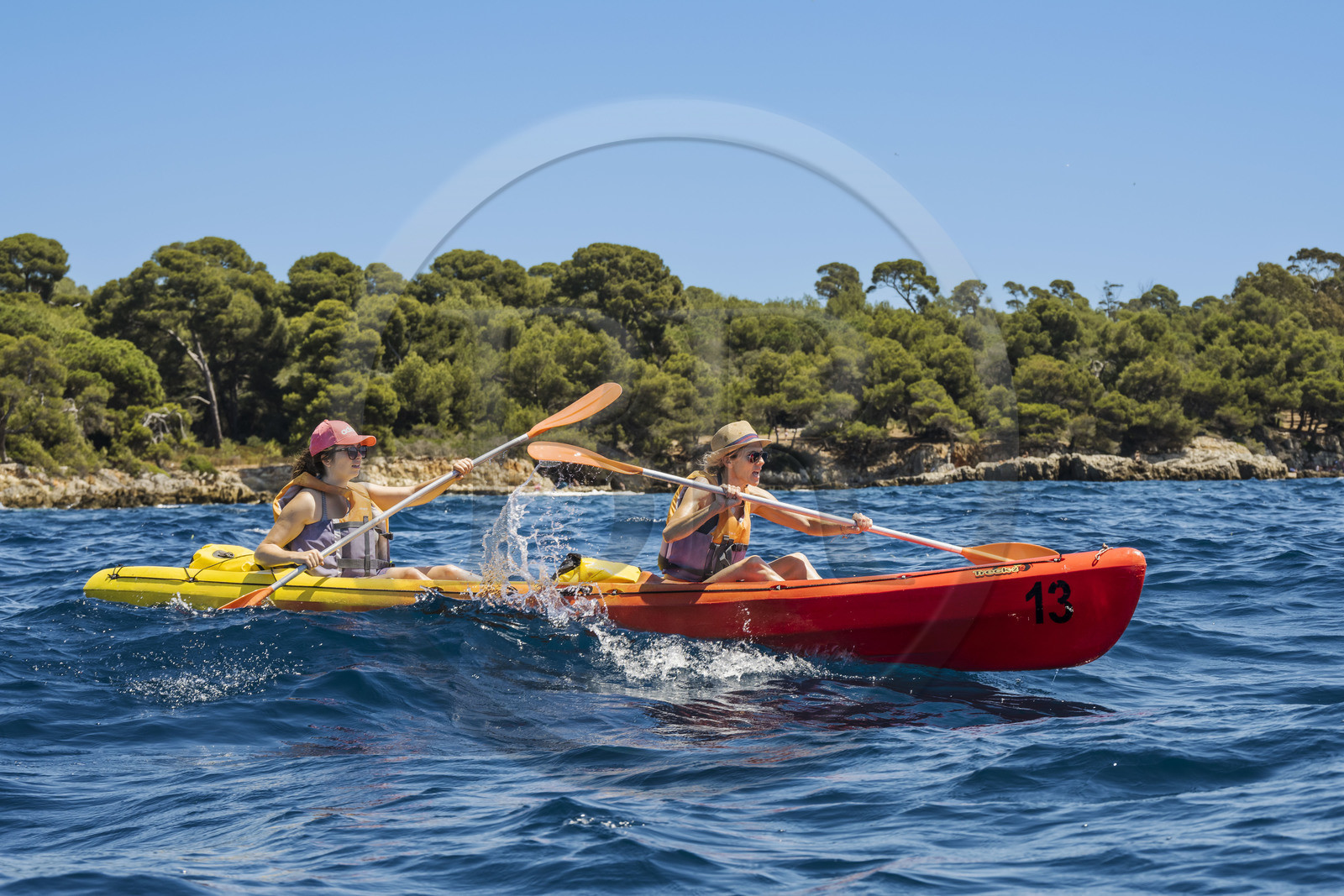 France, Alpes-Maritimes, Cannes, kayaking in the Lerins Islands, tour of the Saint-Honorat island from the south