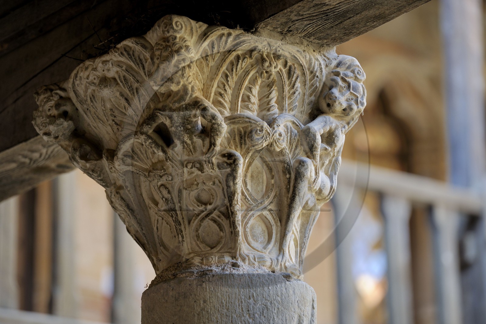 France, Aude, Lagrasse village, labelled Les Plus Beaux Villages de France (The Most Beautiful Villages of France), Sainte Marie de Lagrasse Abbey, capital of lust attributed to the the master of Cabestany