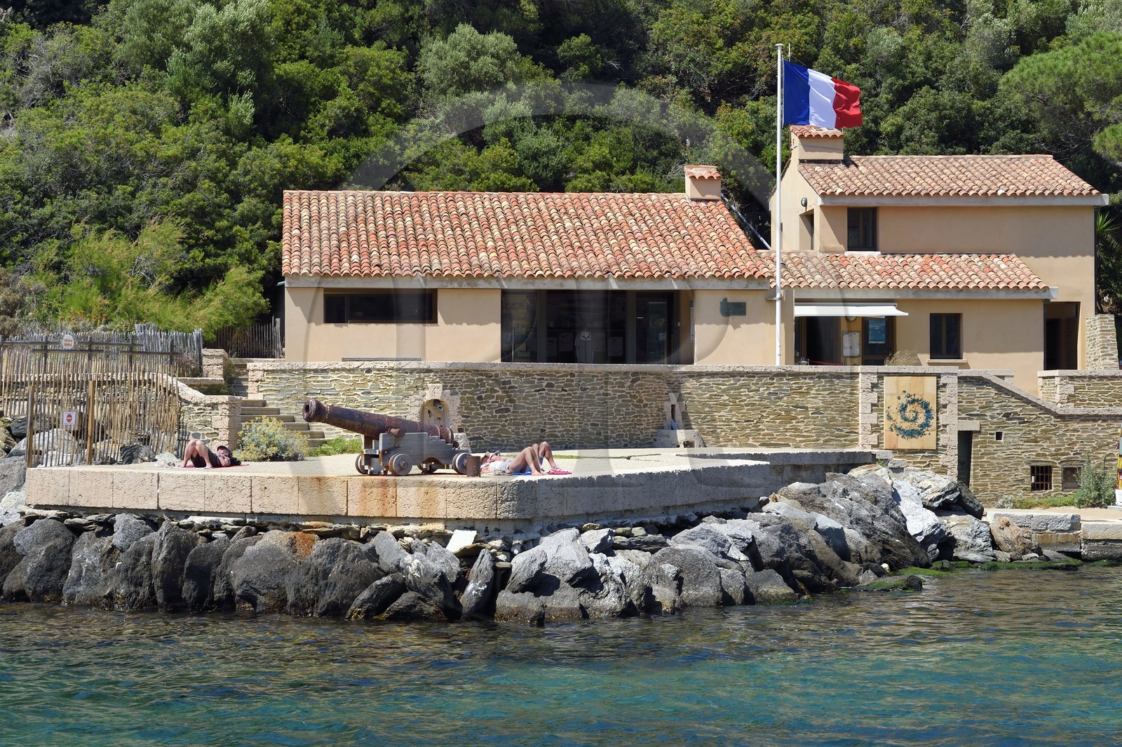 France, Var (83), Iles d'Hyères, Parc national de Port Cros, Ile de Port-Cros, un canon et le bureau du Parc à l'entrée du port