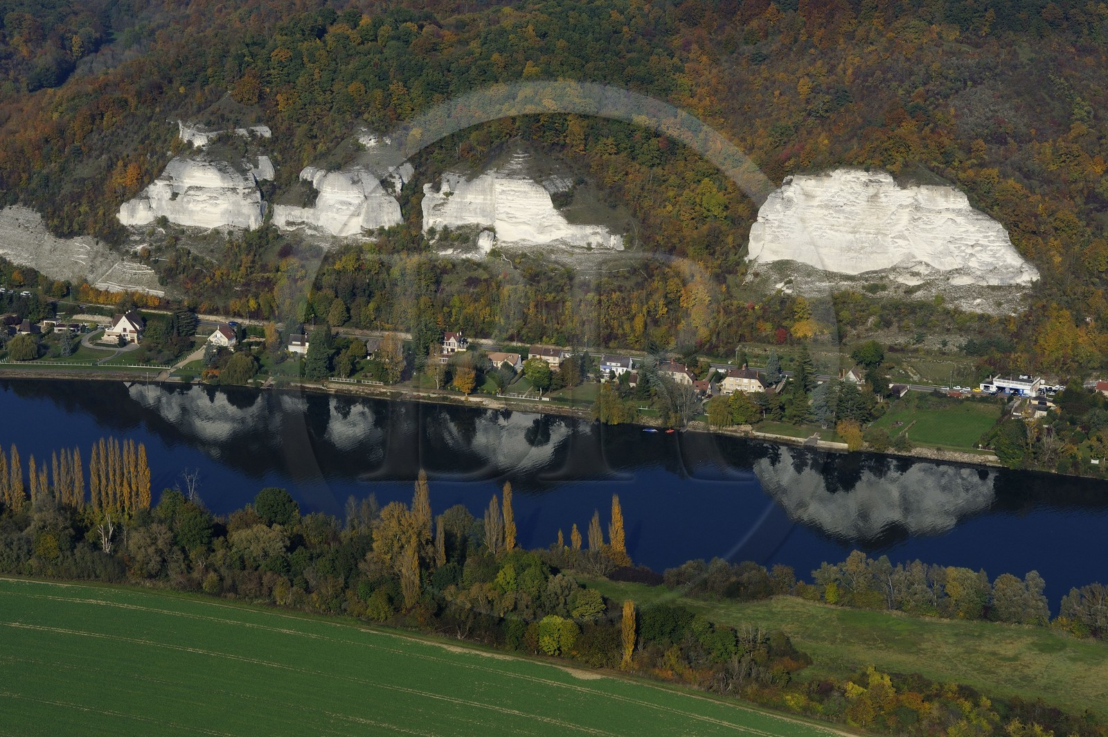 France, Eure, the limestone cliffs along the Seine river downstream Les Andelys (aerial view)