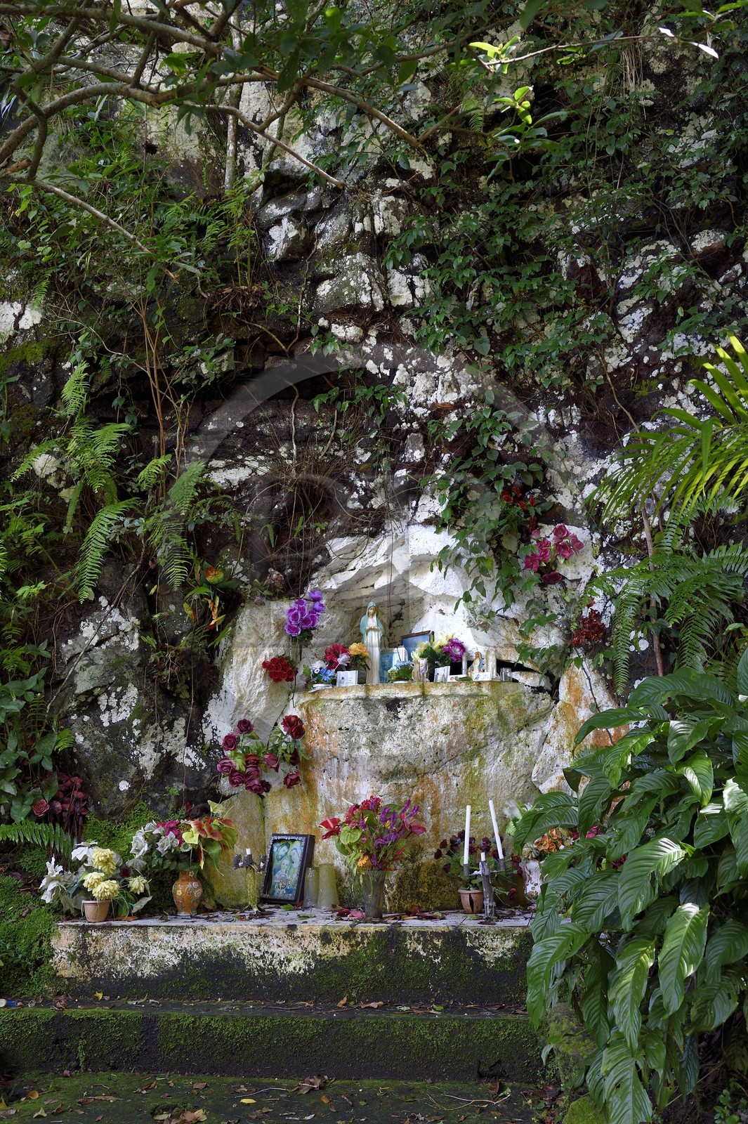 France, Reunion island (French overseas department), Saint Joseph, Langevin river on the flank of the Piton de la Fournaise volcano, small chapel to the Virgin Mary at the roadside