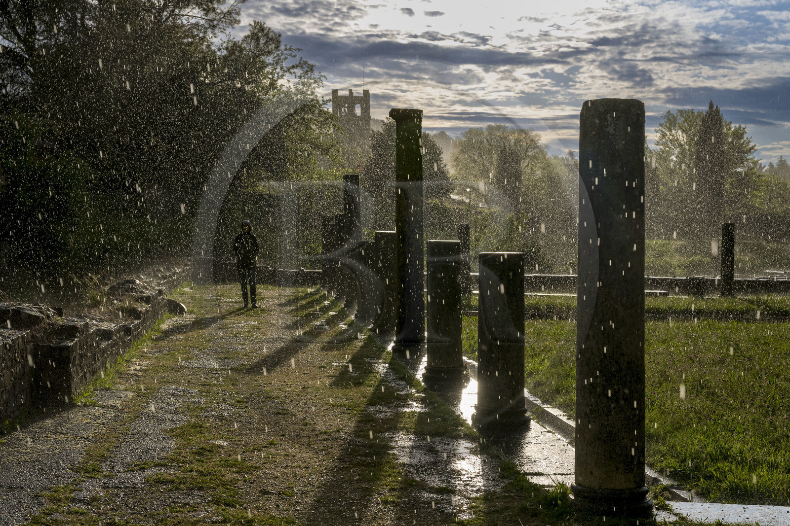 France, Vaucluse, Dentelles de Montmirail mountains,  Vaison la Romaine, Villasse archaeological site under a rain shower