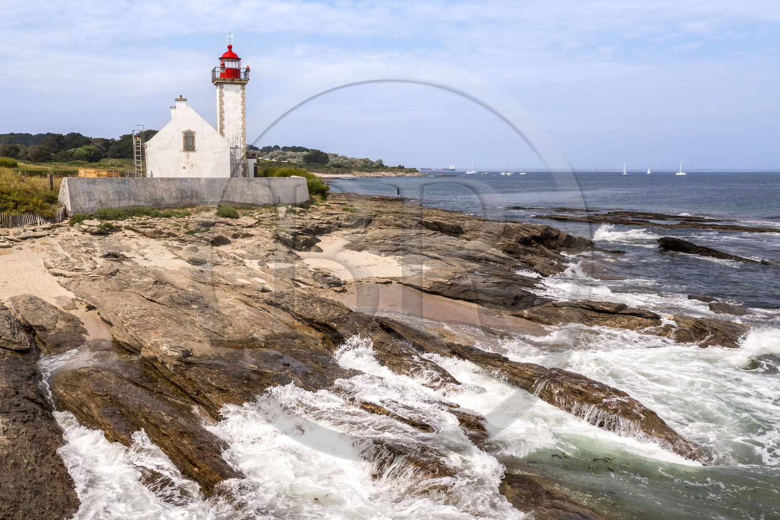 France, Morbihan, Groix Island, Locmaria, François Le Bail geological nature reserve, the Pointe des Chats lighthouse (aerial view)