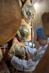 France, Pyrénées-Atlantiques (64), Pays-Basque, vallée des Aldudes, le Séchoir Collectif des Aldudes assure une prestation de séchage et l'affinage de jambons, période dans le séchoir