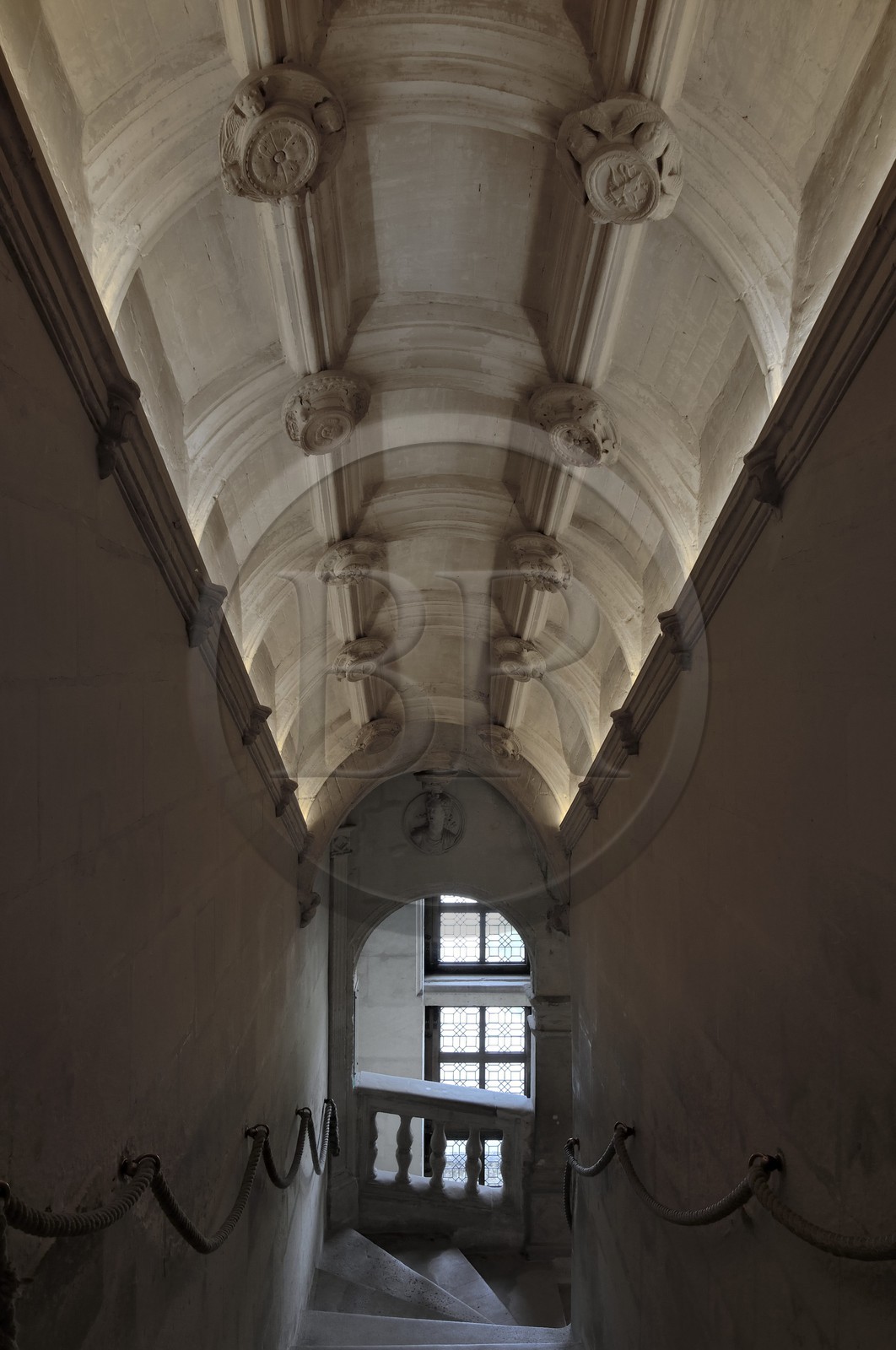 France, Indre-et-Loire (37), château de Chenonceau édifié de 1513 à 1521 de style Renaissance, l'escalier droit