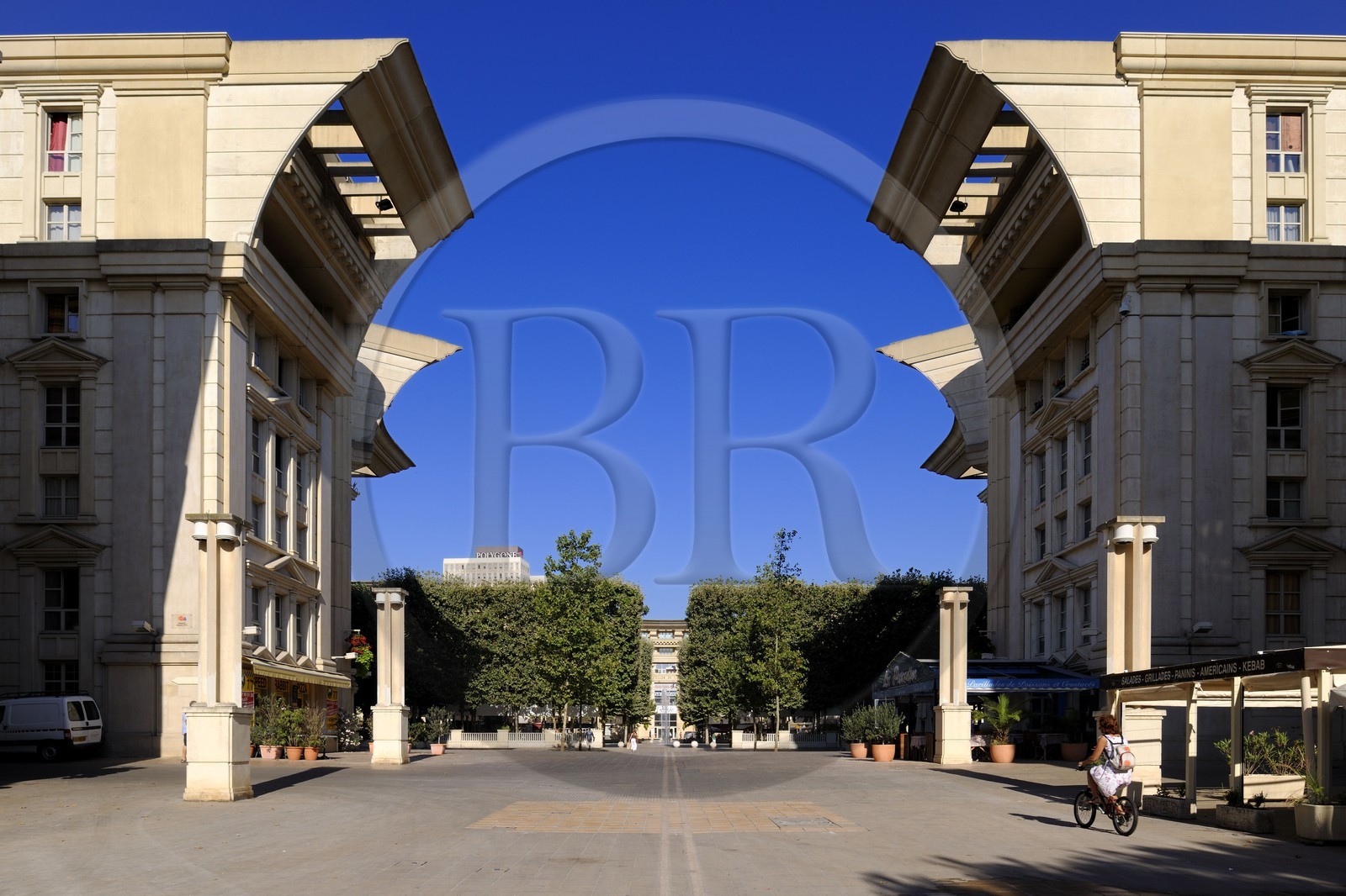 France, Herault, Montpellier, Antigone District by the architect Ricardo Bofill, place du Nombre d'Or, a pedestrian axis links the square to the river Lez eastward and to the historic center westerly
