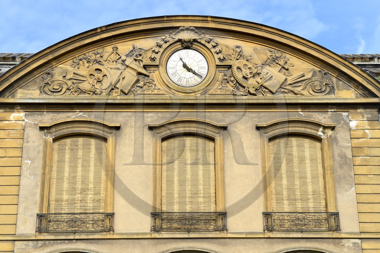 France, Moselle, Fensch Valley, Hayange, former major administrative offices Wendel, central pediment, low relief evoking the steel epic in Lorraine