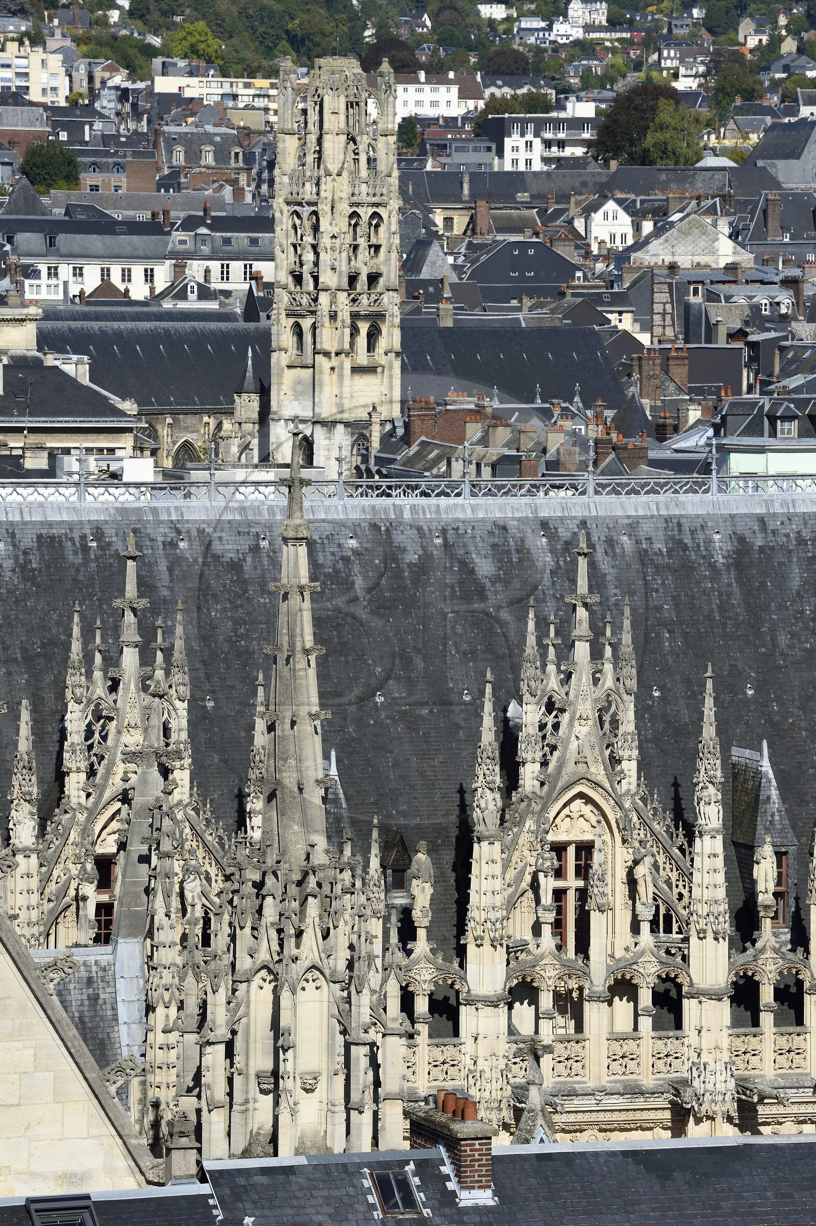 France, Seine Maritime, Rouen, the Palais de Justice (Courthouse) which was once the seat of the Parlement (French court of law) of Normandy and a rather unique achievements of Gothic civil architecture from the late Middle Ages in France, the Secq des Tournelles museum tower in the background
