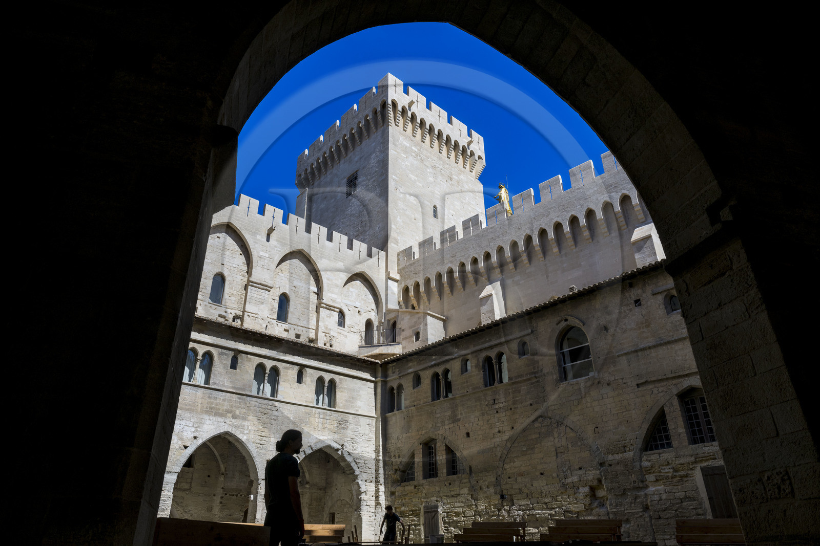 France, Vaucluse, Avignon, Palais des Papes (Palace of the Popes) listed as World heritage by UNESCO, The Cloister Courtyard in the Old Palace and the Campane Tower