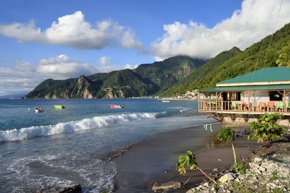 Caribbean, Dominica Island, Soufriere Bay, the village of Scotts Head and Soufriere in the background