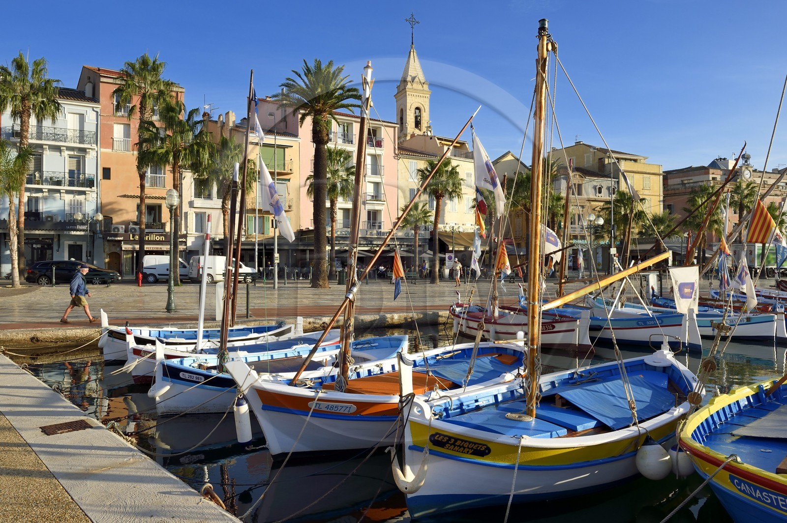France, Var (83), Sanary-sur-Mer, barques traditionnelles de peche appelées pointus sur le port et l'église Saint-Nazaire