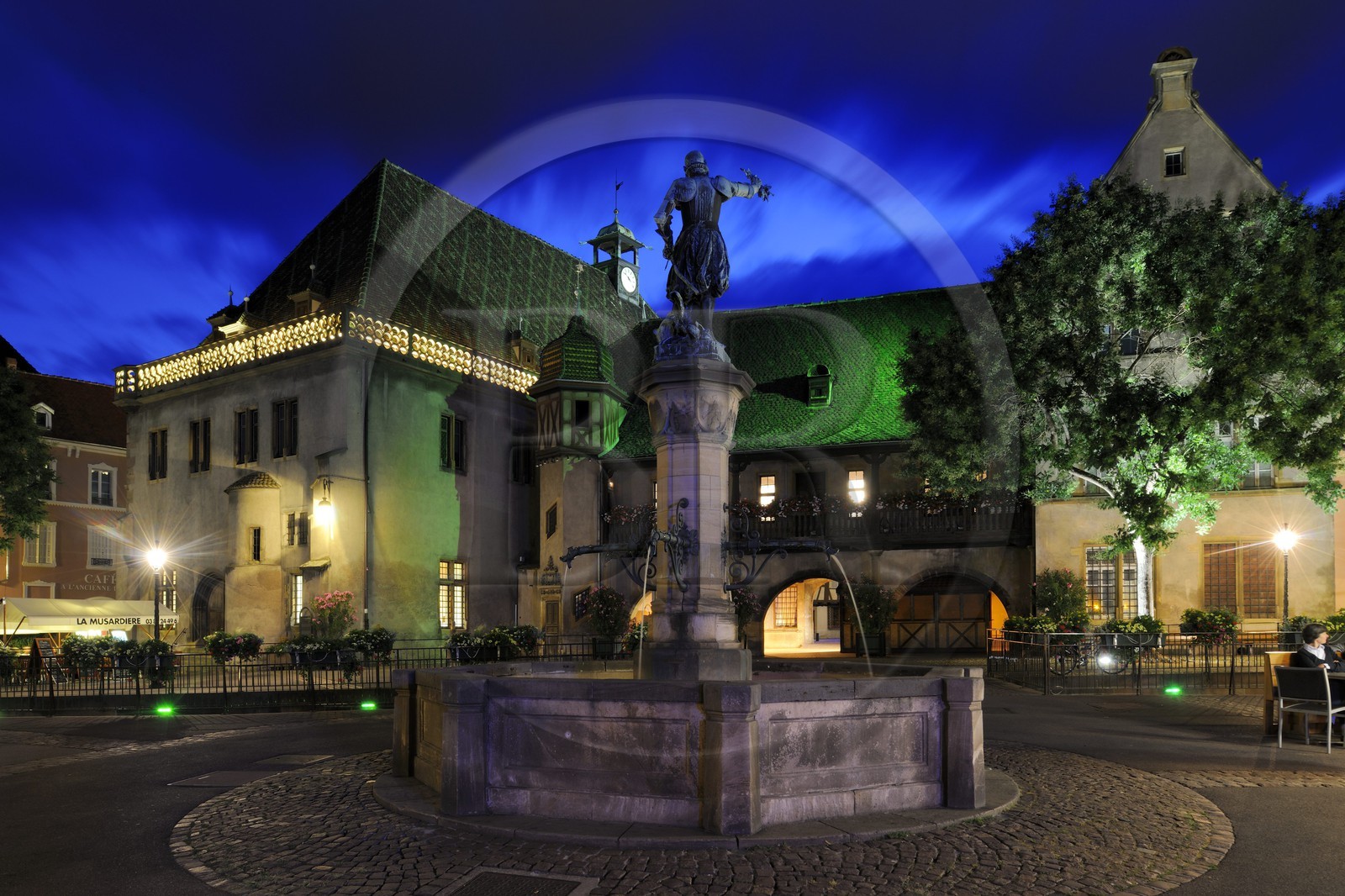 France, Haut Rhin, Colmar, la Place de l'Ancienne Douane, Schwendi fountain work by Bartholdi in front of the former douane or customs control edifice (Koifhus)