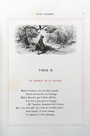 France, Aisne (02), Château-Thierry, Musée Jean de La Fontaine - Ville de Chateau-Thierry, livre des Fables de La Fontaine, L. Hachette et Cie, édition illustrée (1867) par le dessinateur et graveur Gustave Doré, Le Corbeau et le Renard fable II du livre I