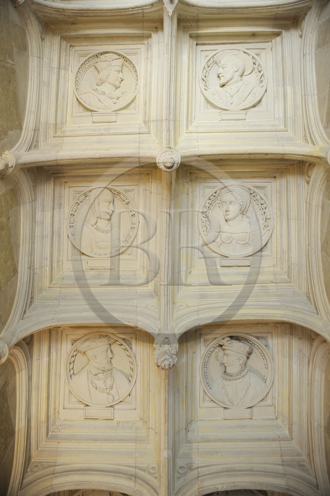 France, Indre-et-Loire (37), Vallée de la Loire classée Patrimoine Mondial de l' UNESCO, château d' Azay-le-Rideau, détail du plafond de l'escalier d'honneur