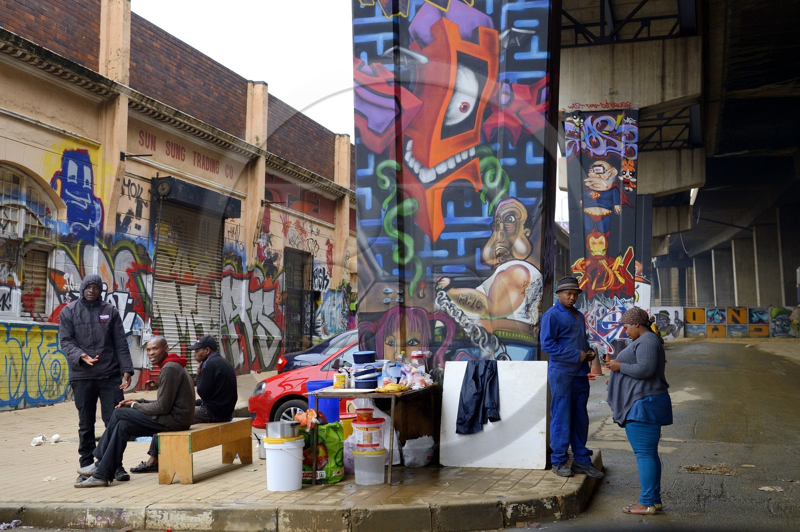South Africa, Gauteng Province, Johannesburg, CBD (Central Business District), Newtown, murals under the M1 De Villiers Graaff motorway
