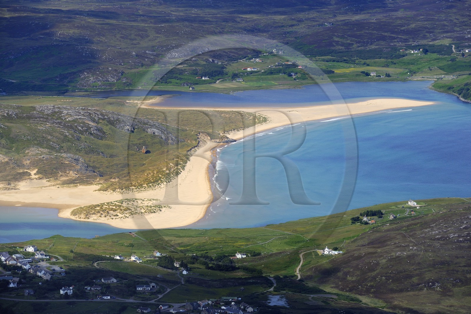 United Kingdom, Scotland, North West Highlands, Torrisdale Bay at the mouth of the River Naver between the remote settlements of Torrisdale and Bettyhill on the north coast of the Highlands (aerial view)