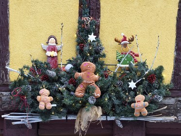 France, Haut-Rhin (68), Colmar, maisons à pans de bois dans la Grand Rue avec des décorations de Noël