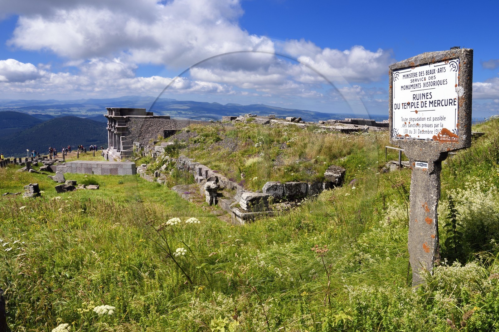 France, Puy de Dome, Parc Naturel Régional des Volcans d'Auvergne (regional nature park of Auvergne volcanoes), Chaine des Puys listed as World heritage by UNESCO, partially reconstructed remains of the temple of Mercury at the top of the Puy de Dôme, Gallo-Roman temple from the 2nd century