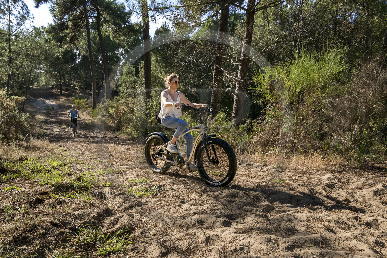 France, Charente-Maritime (17), Royan, La Tremblade, cyclistes utilisant des Fat Bikes sur les chemins sablonneux de la forêt domaniale de la Coubre et des Combots d’Ansoine qui longe l’Atlantique au nord de La Palmyre
