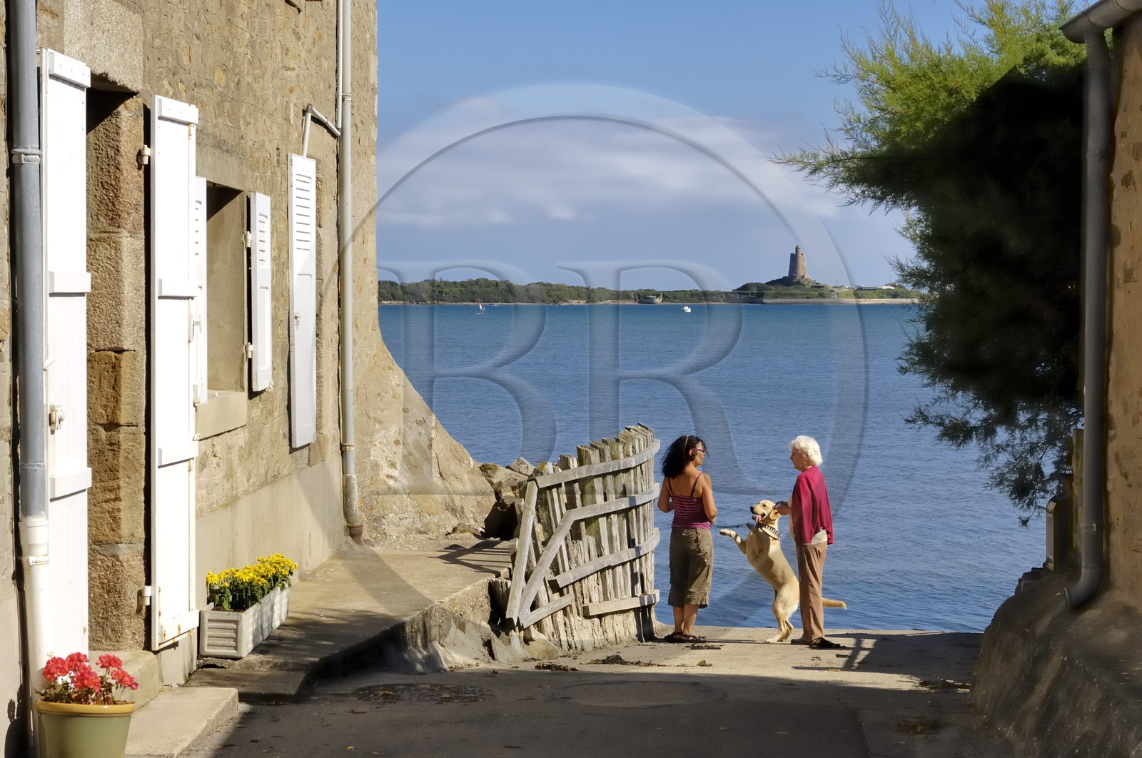 France, Manche (50), Val de Saire, région de Saint-Vaast-la-Hougue, fort de la Hougue Vauban classé Patrimoine mondial par l'UNESCO depuis la plage de Morsalines
