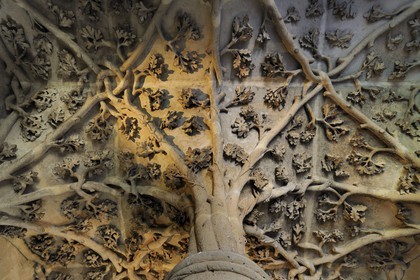 France, Paris (75), La tour (de) Jean-sans-Peur édifiée au XVe siècle, dernier vestige de l'hôtel des ducs de Bourgogne rue Étienne-Marcel, construite sur l'enceinte Philippe-Auguste, le décor végétal de la voûte de l'escalier à vis