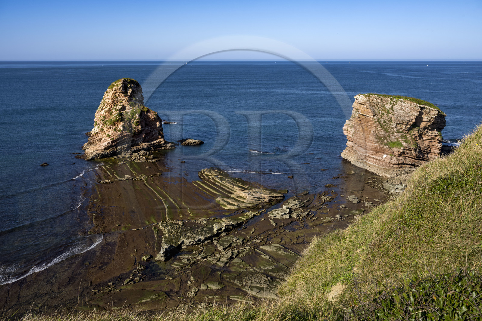 France, Pyrénées-Atlantiques (64), la côte du Pays-Basque, le domaine d'Abbadia géré par le Conservatoire du littoral, rochers des Jumeaux aux falaises de la pointe Sainte-Anne