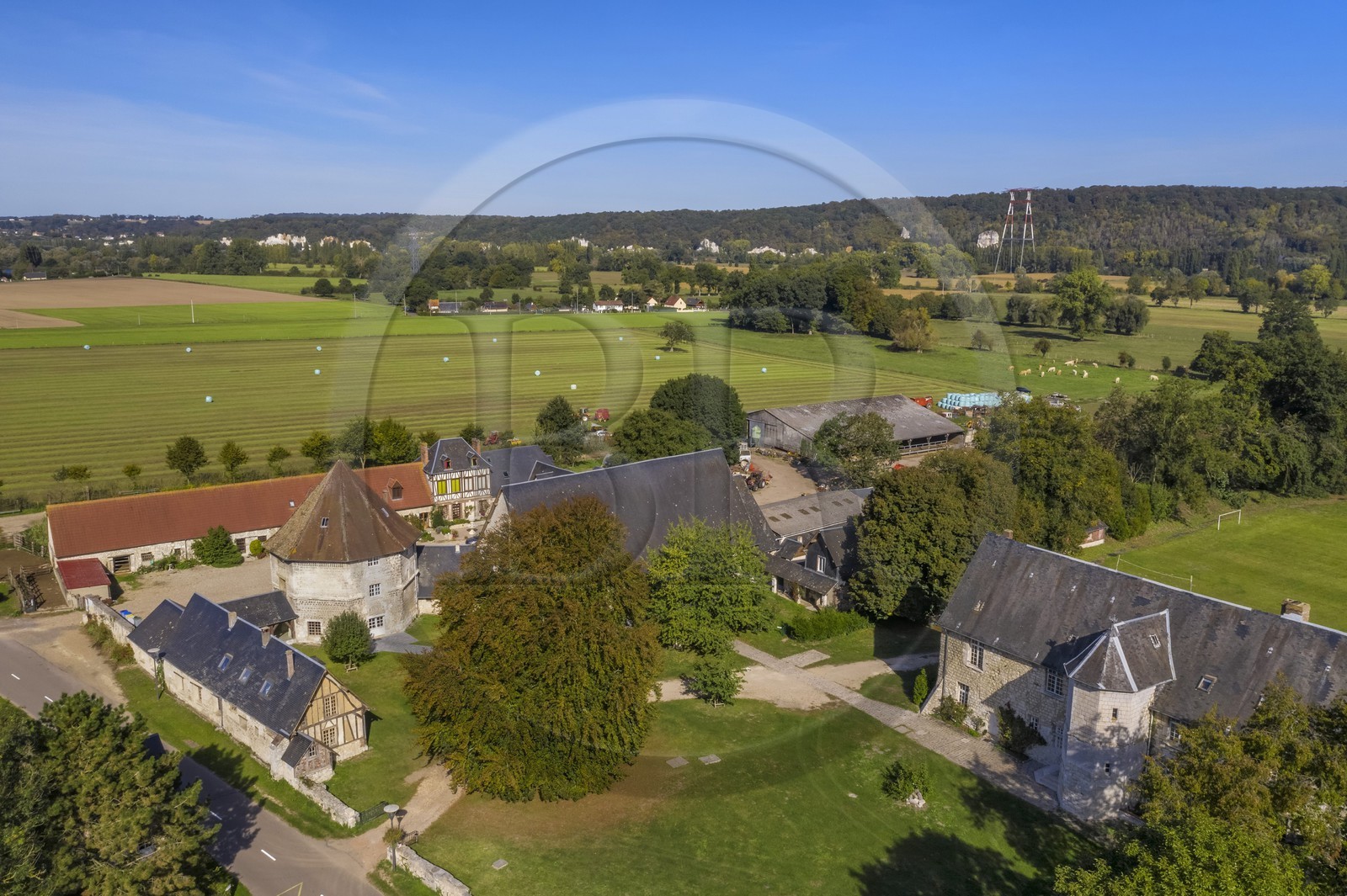 France, Seine-Maritime, Norman Seine River Meanders Regional Nature Park, Ambourville manor of the Templars and the former octogonal dovecote (aerial view)