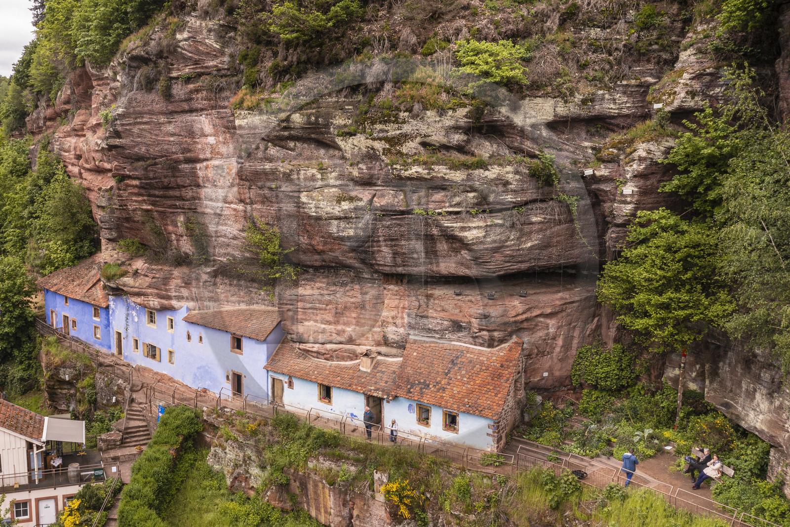 France, Bas Rhin, Parc regional des Vosges du nord (Northern Vosges Regional Natural Park), Eschbourg, Maisons des Rochers (Rocks houses) of Graufthal, semi-troglodytic houses of the 18th century and inhabited until 1958 (aerial view)