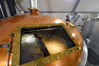 Royaume-Uni, Ecosse, région des Highlands, les Hébrides, Ile de Skye, Teangue, Distillerie de whisky Torabhaig, mash tun dans la cuve de brassage