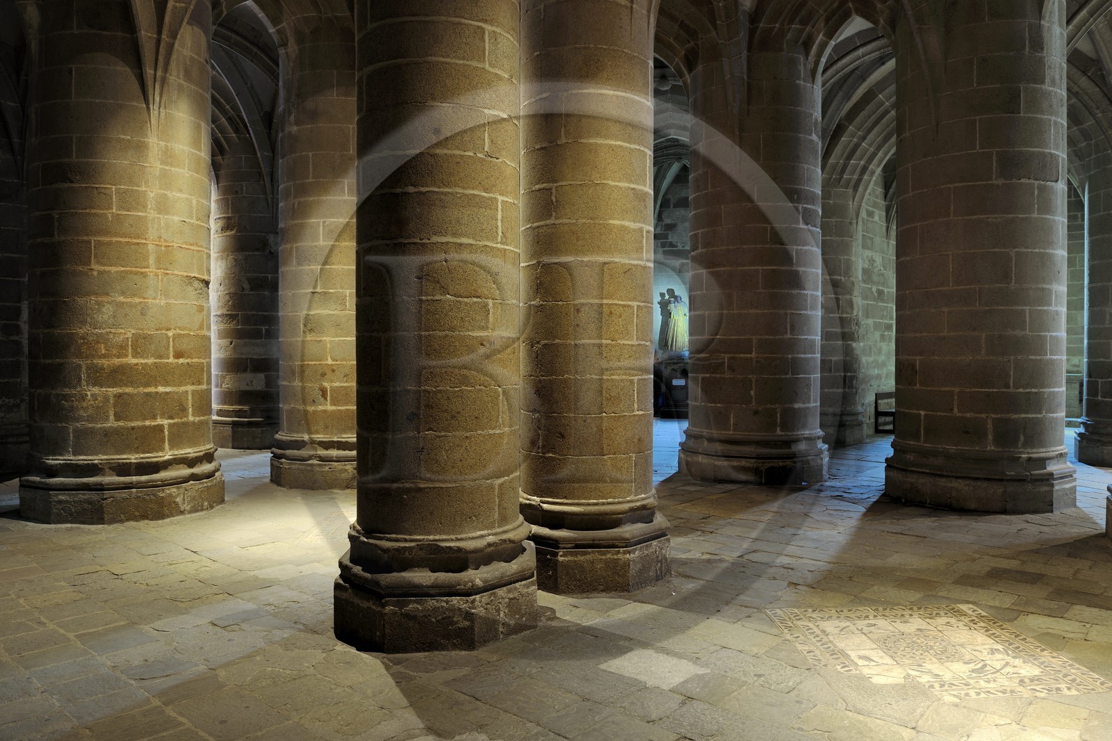France, Manche, the abbey of Mont Saint Michel, listed as World Heritage by UNESCO, crypte des Gros Piliers (crypt of large pillars)