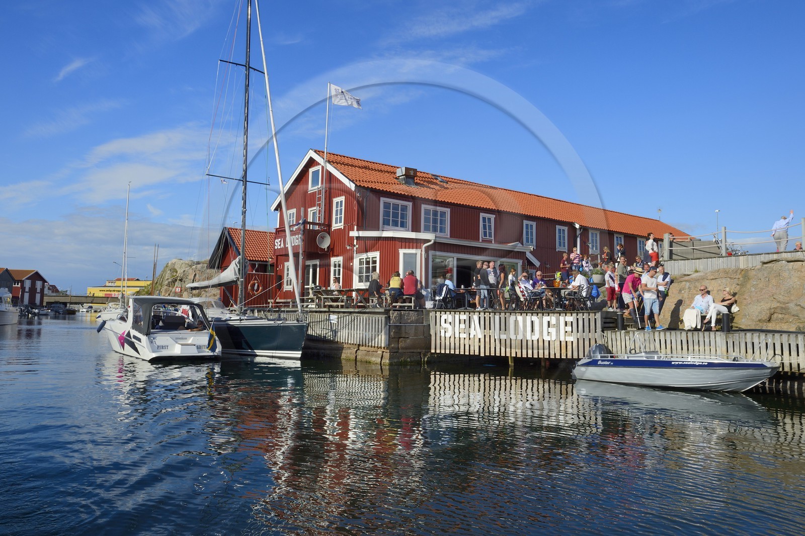 Sweden, Västra Götaland, Smögen, the dock of the hotel-restaurant Sea Lodge