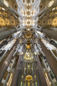Spain, Catalonia, Barcelona, Eixample district, Sagrada Familia basilica by Catalan modernist architect Antoni Gaudi, listed as a UNESCO World Heritage Site, the choir, the ciborium, the dome and the vault of the Nave at the top