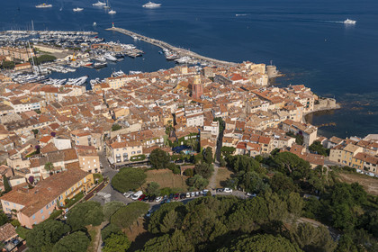 France, Var, Saint-Tropez, the city and its port (aerial view)