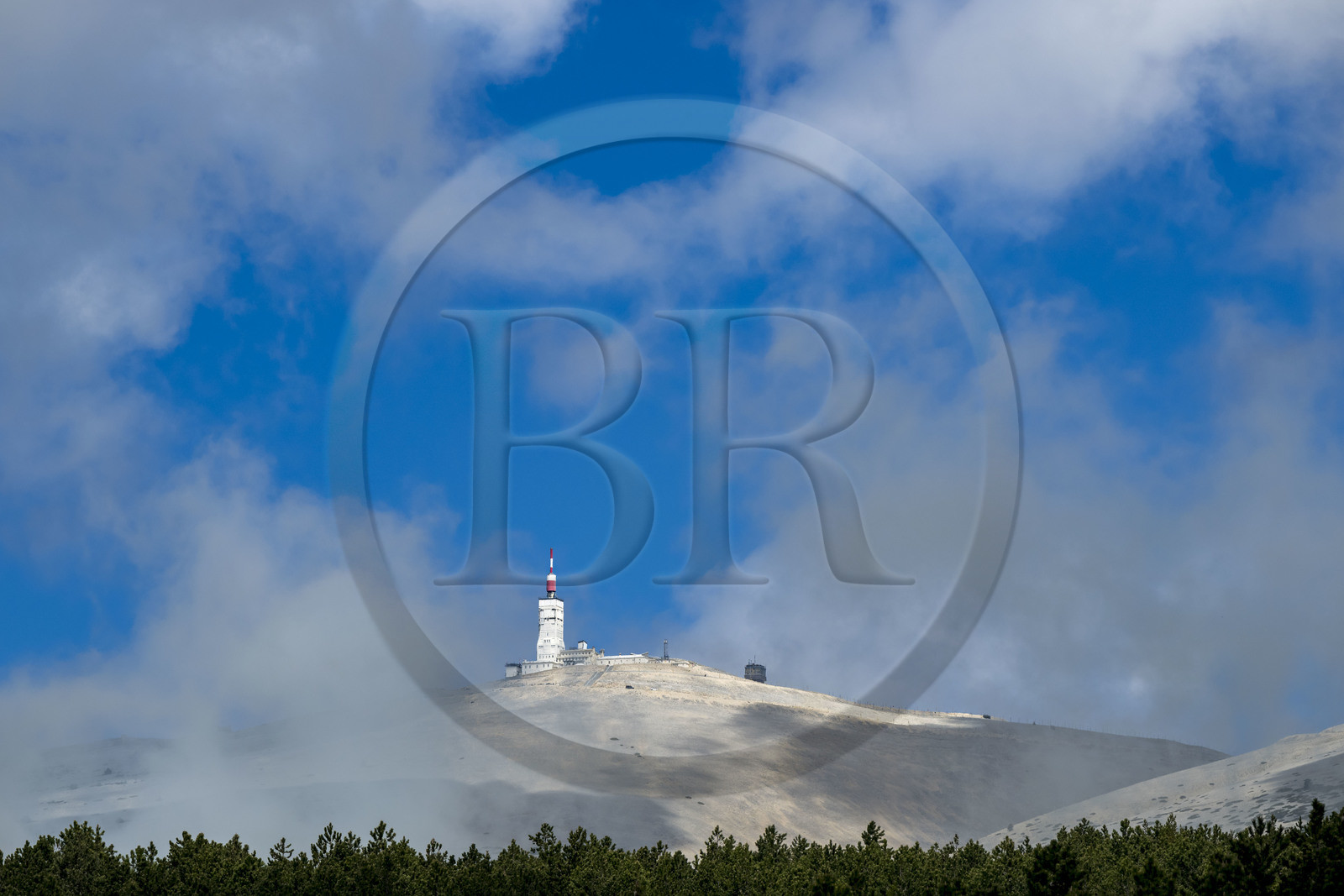 France, Vaucluse, Parc Naturel Regional du Mont Ventoux, Bedoin, the weather station at the summit of Mont Ventoux (1910m) and the southern slope of the mountain