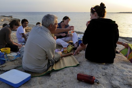 France, Bouches-du-Rhone, Cote Bleue, Sausset-les-Pins, family picnic by the sea at Anse du Verdon