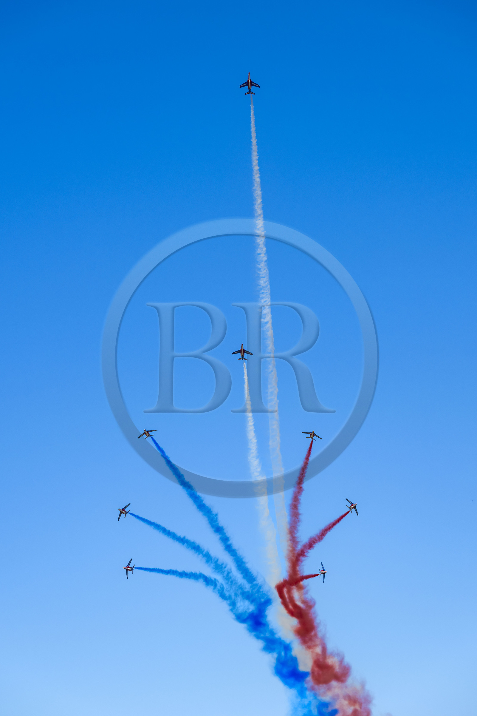 France, Bouches du Rhone, Salon de Provence, air base 701, base of the Patrouille de France (PAF for Patrouille acrobatique de France) of the French Air and Space Force, burst figure during a training flight of Alphajet aircraft